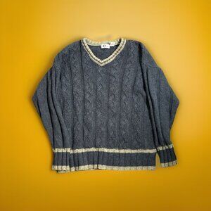 Vintage Arizona Jean Co Mens Sweater Navy Blue Grey Wool Cable Knit V-Neck Y2K